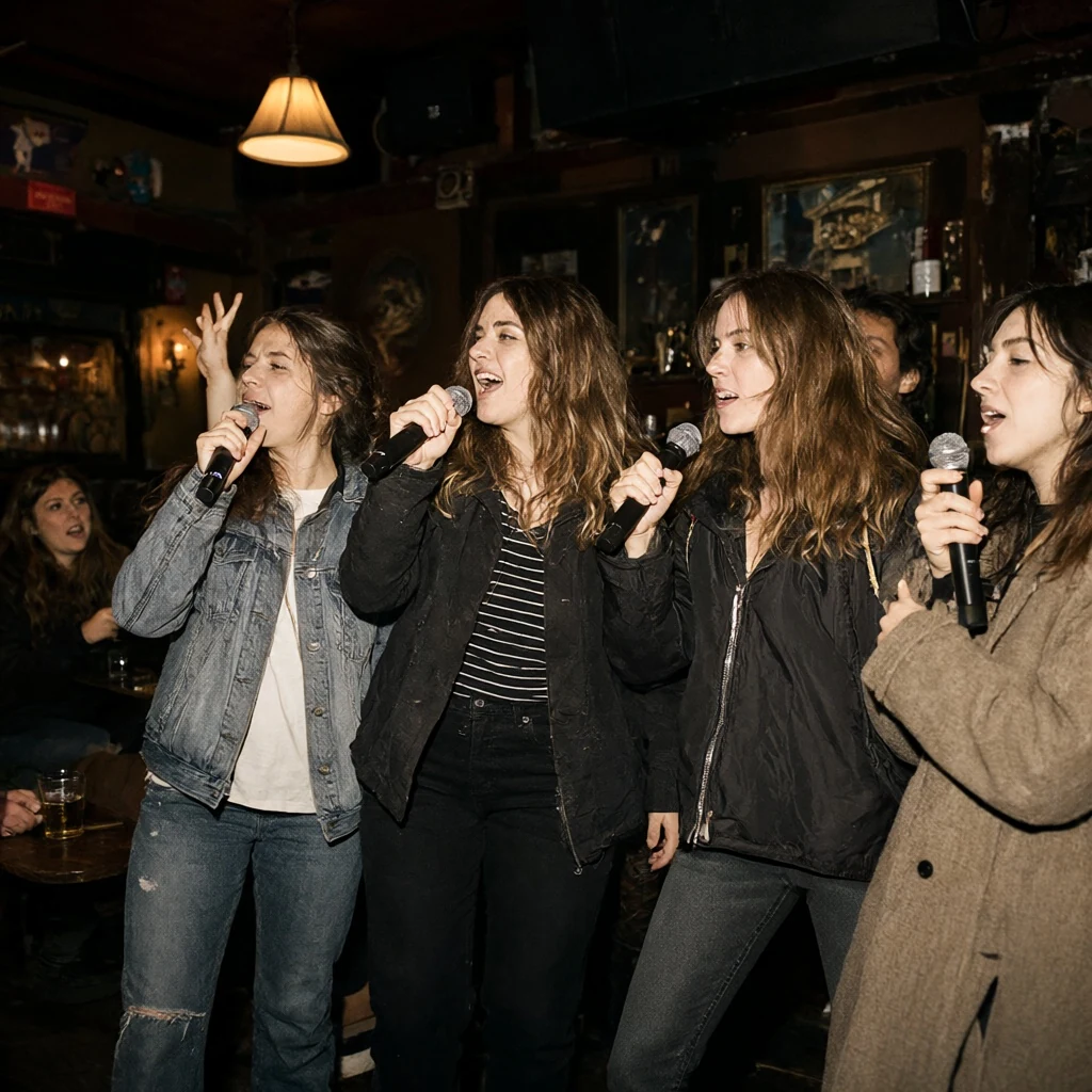 Friends singing karaoke together at a lively public karaoke night