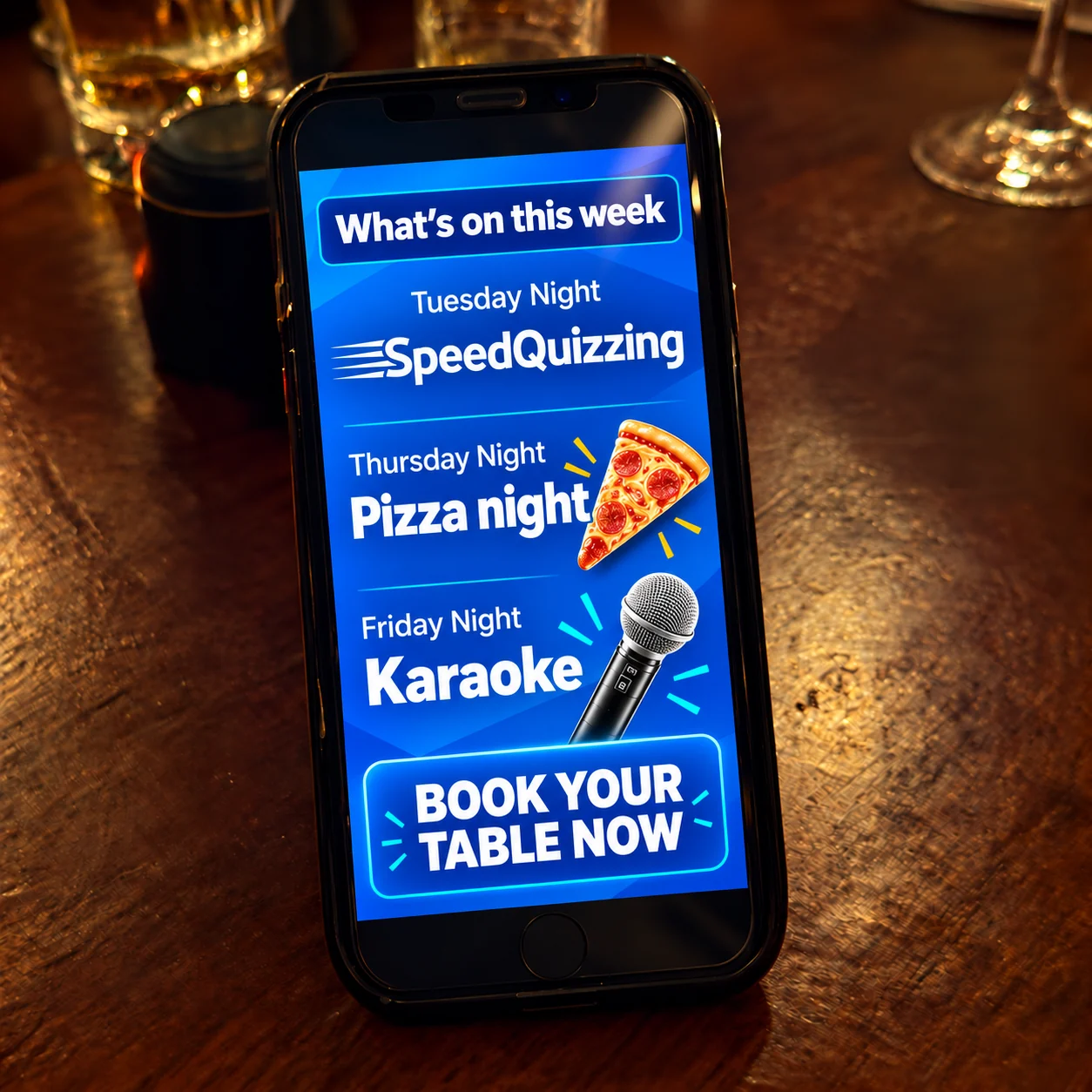 Illustrative smartphone display advertising Tuesday quizzes, Thursday pizza night and Friday karaoke